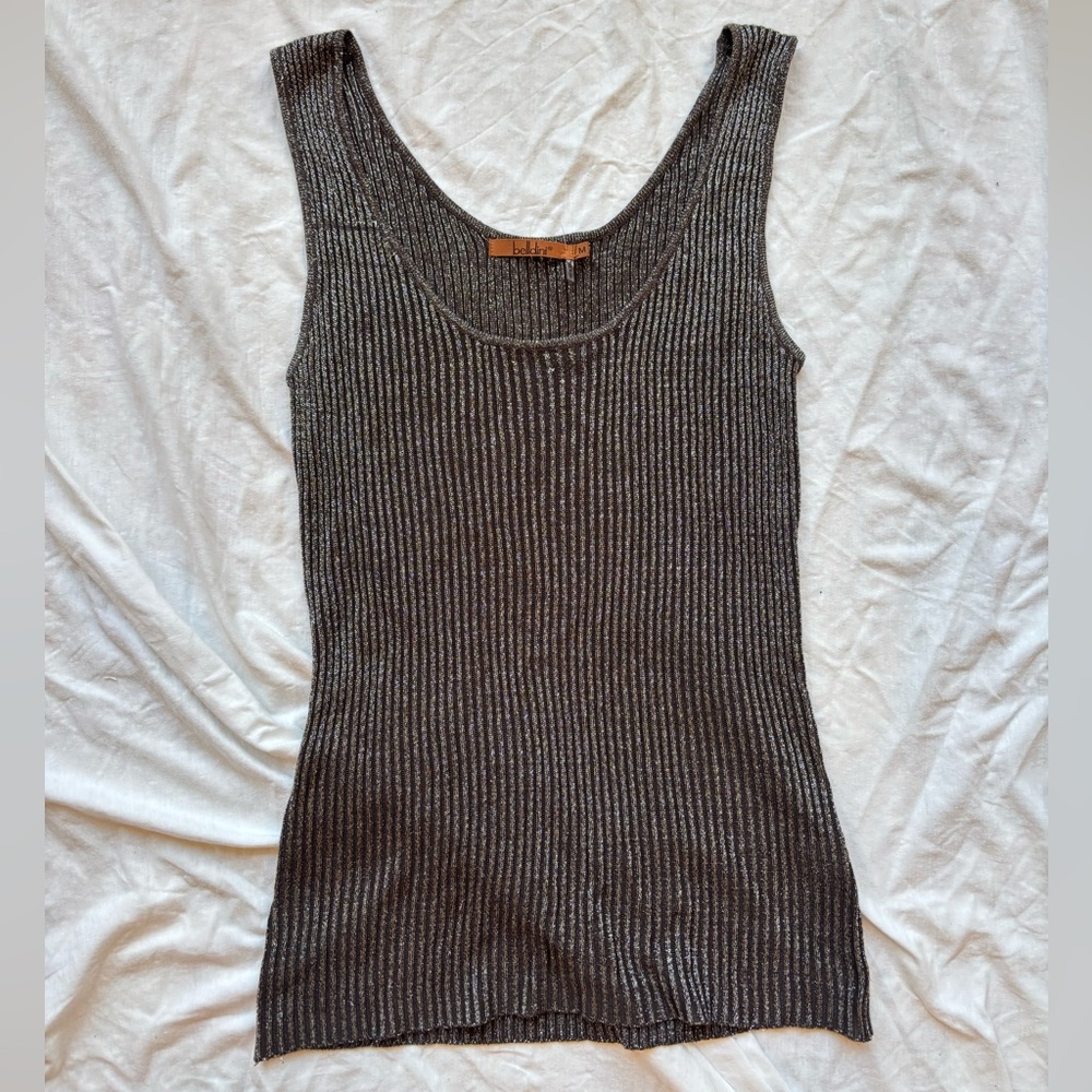 Belldini shimmer Charcoal grey gray Ribbed scope neck Tank Top
